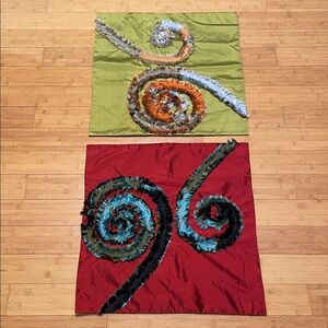 Thai Silk Village Cushion Covers 24” 24” Ribbon Fringe Pillowcases Set Green Red